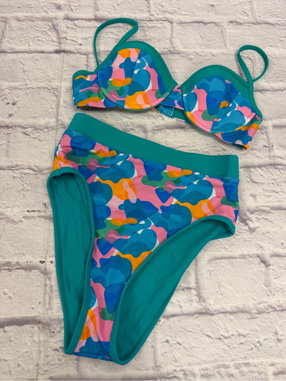 High-Waist Teal Multi-Color Print Bikini Set